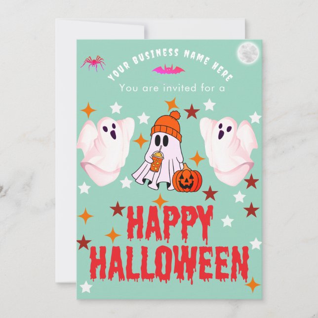 Business Name Logo and Cute Ghost Custom Halloween Invitation (Front)