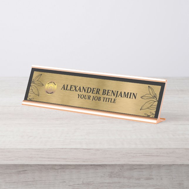 Business Name Logo Gold Black Elegant Custom Desk Name Plate (Front)