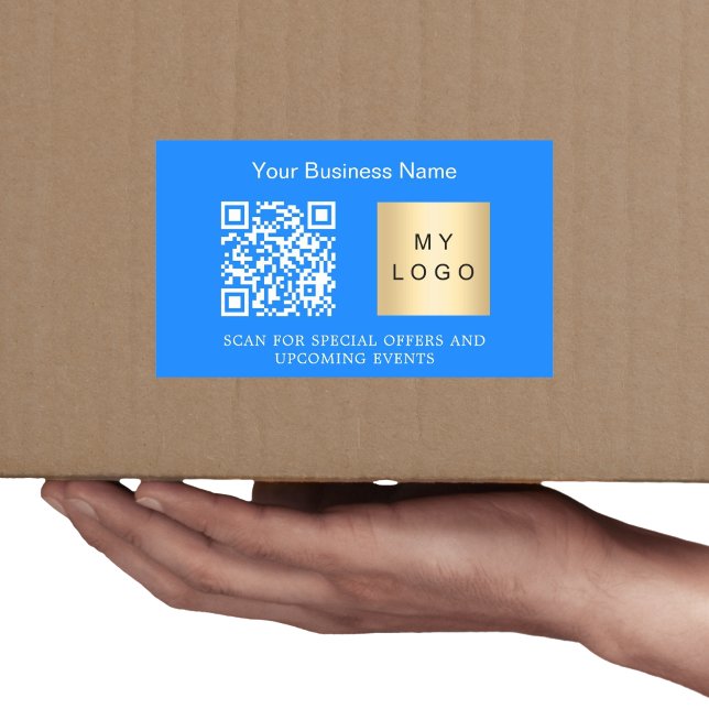 Business name logo qr code bright blue rectangular sticker (Creator Uploaded)