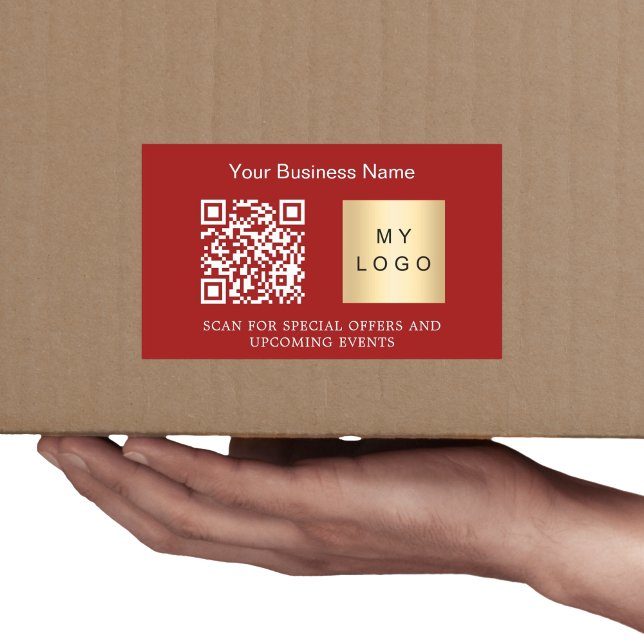 Business name logo qr code red rectangular sticker (Creator Uploaded)