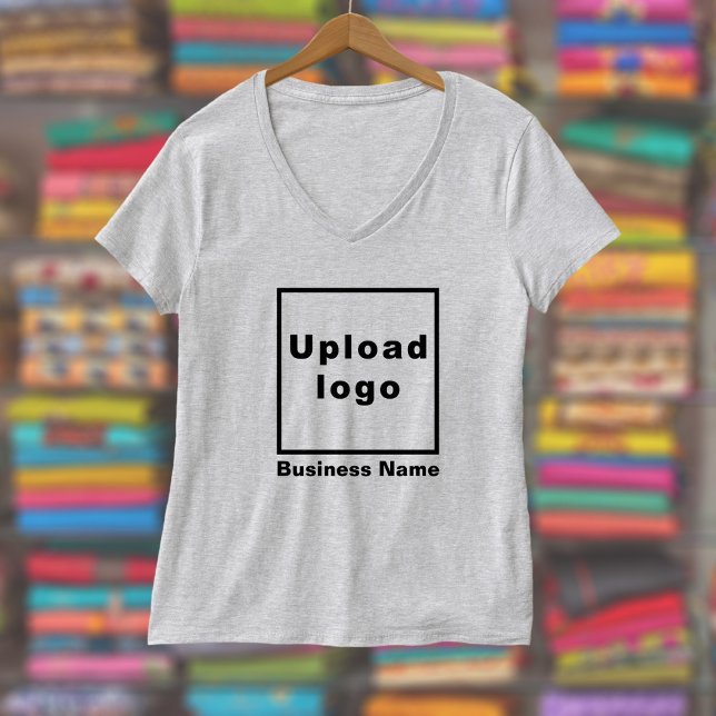 Business Name & Logo, Women's V-Neck Steel Coloure T-Shirt (Women's V-neck gray t-shirt with your business name and logo displayed in a store)