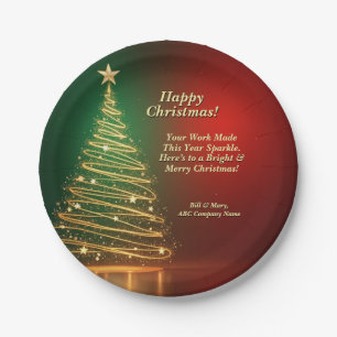 Business Name Message Green Gold Christmas Tree 7" Paper Plate