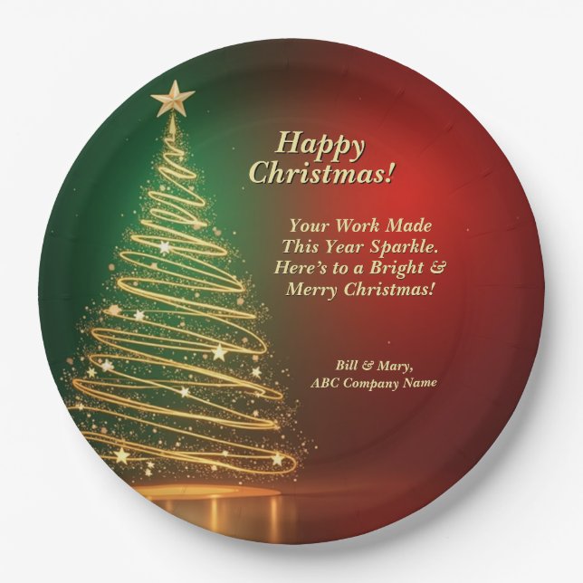 Business Name Message Green Gold Christmas Tree 9" Paper Plate (Front)