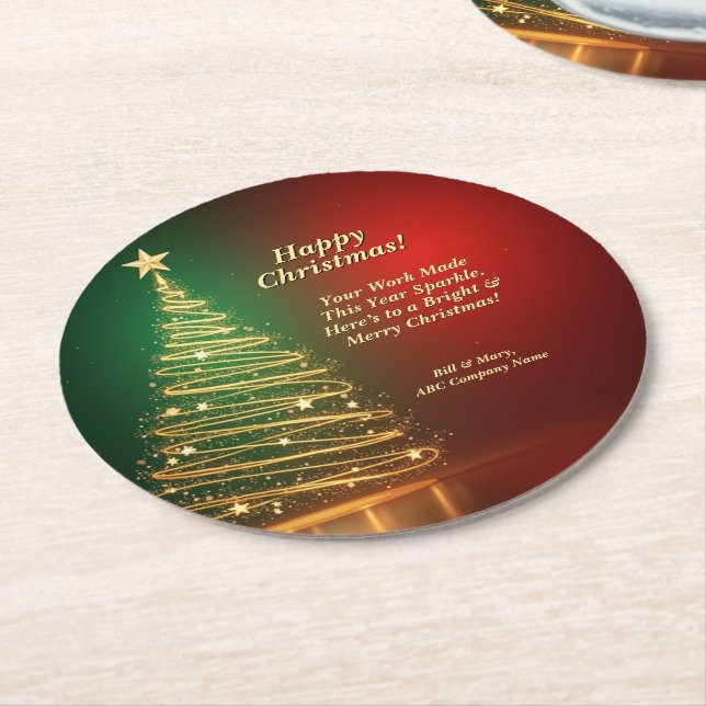 Business Name Message Green Gold Christmas Tree  Round Paper Coaster (Angled)