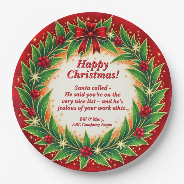 Business Name Message Red Green Wreath 9" Paper Plate (Front)