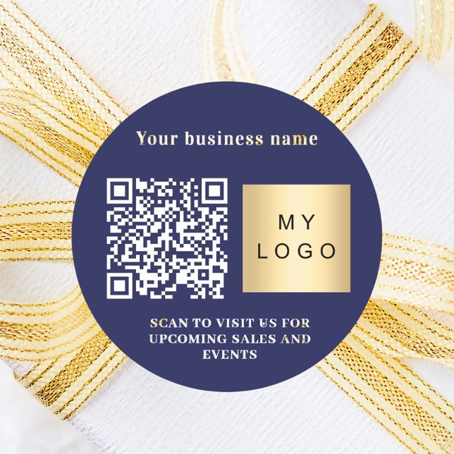 Business name navy blue logo qr code classic round sticker (Creator Uploaded)