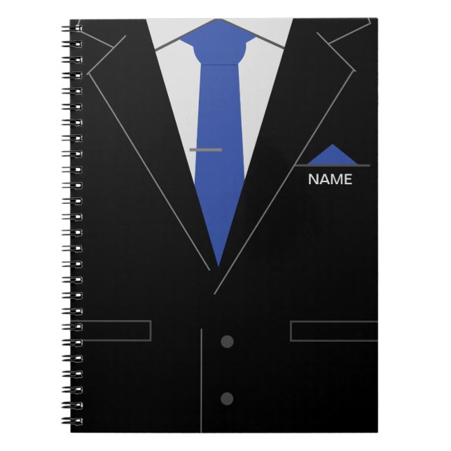 Business Name Notebook - Black Suit Blue Necktie (Front)