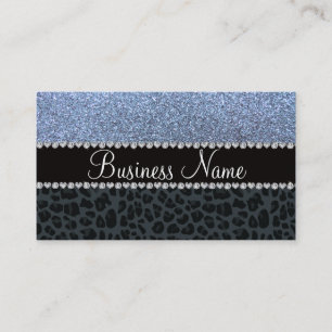 Business name pastel blue glitter grey leopard card