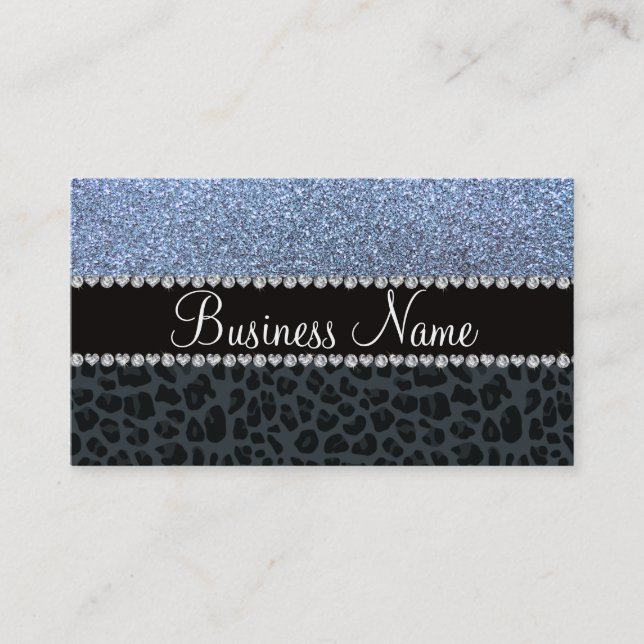 Business name pastel blue glitter grey leopard card (Front)