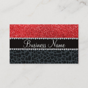 Business name red glitter grey leopard business card