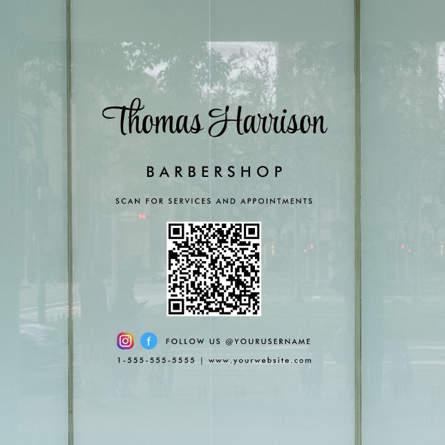Business Name Stylish Signature Script QR Code (Elevate your business with a custom logo, QR code and social media window cling sign)