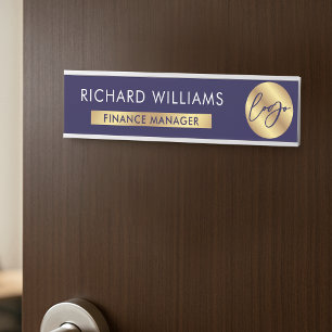 Business Navy & Gold Logo Employee Name Job Title Door Sign