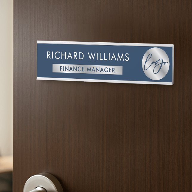 Business Navy & Silver Logo Staff Name Job Title Door Sign (Navy blue and silver effect corporate door sign with your logo, name and job title)