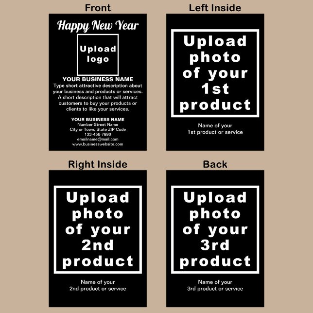 Business New Year Black Folded Holiday Card (Black folded holiday card for New Year with your business brand and products or services.)