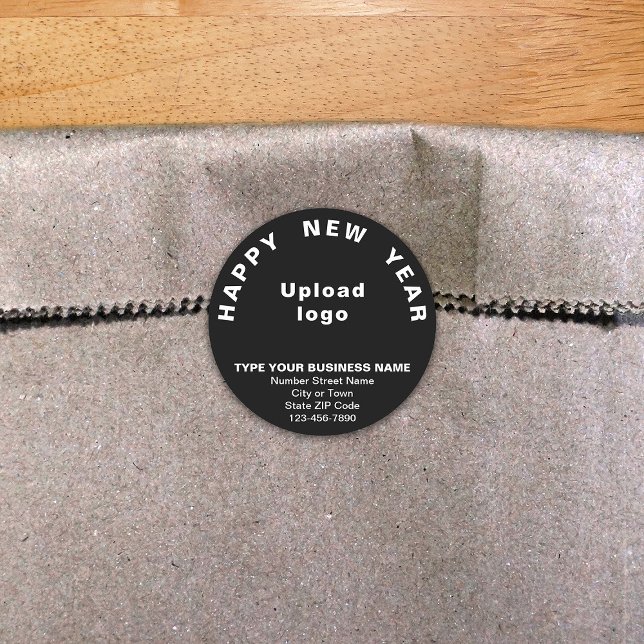 Business New Year Black Round Sticker (New Year greeting with your business brand on black round shape sticker.)