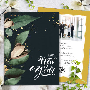Business New Year Elegant Magnolia Gold Confetti Holiday Card