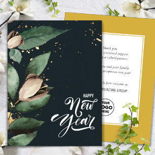 Business New Year Elegant Magnolia Gold Confetti Holiday Card