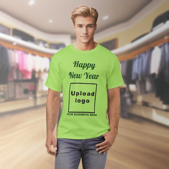 Business New Year Greeting on Lime Green T-Shirt (Business name and logo with New Year greeting on lime green t-shirt)