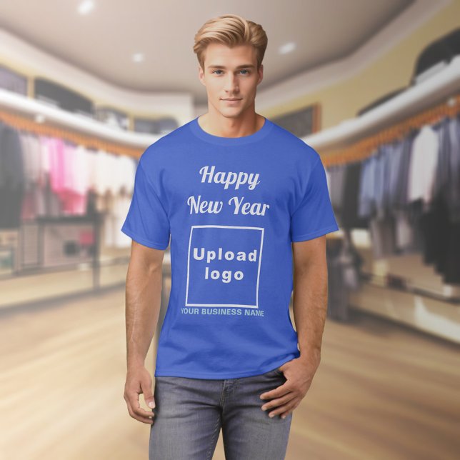 Business New Year Greeting on Royal Blue T-Shirt (Business name and logo with New Year greeting on royal blue t-shirt)