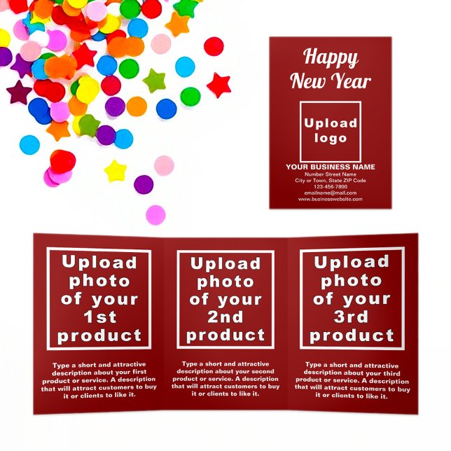 Business New Year Red Trifold Card (New Year greeting, business brand and products on red trifold card)