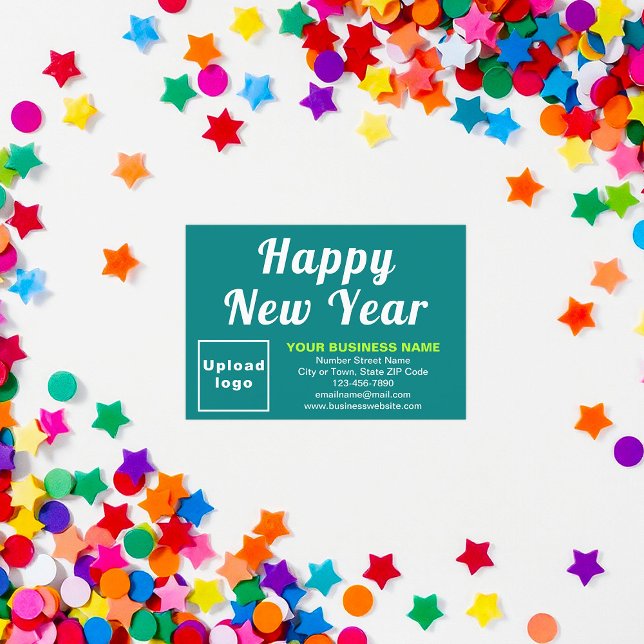 Business New Year Small Teal Green Flat Card (Business brand with New Year greeting on small teal green flat card)