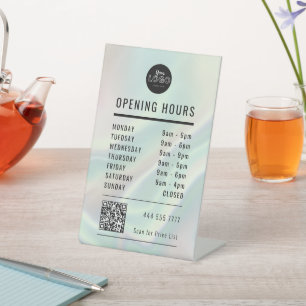 Business Open Hours Green Holographic Logo QR Code Pedestal Sign