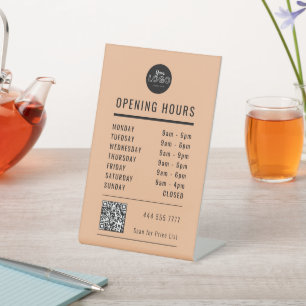 Business Open Store Hours Black Peach Logo QR Code Pedestal Sign