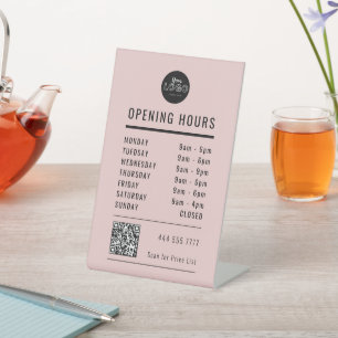 Business Opening Hours Black on Pink Logo QR Code Pedestal Sign