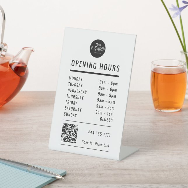 Business Opening Hours Black & White Logo QR Code Pedestal Sign (In SItu)