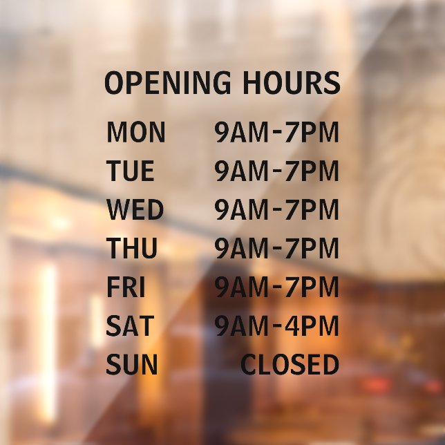 Business Opening Hours Custom Window Cling (Sheet 2)