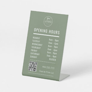 Business Opening Hours on Muted Green Logo QR Code Pedestal Sign