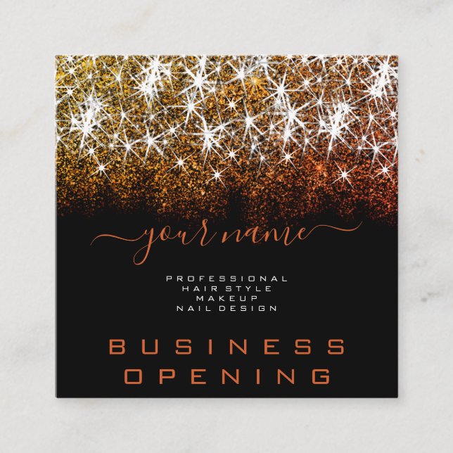 Business Opening Luminous Glitter Stars Trendy Square Business Card (Front)
