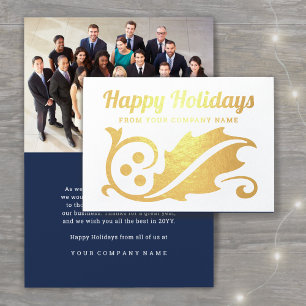 Business Photo Christmas Holly Navy Happy Holidays Foil Card
