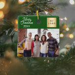 Business photo logo Christmas modern green Ceramic Ornament<br><div class="desc">Classic green background colour,  white text.  Text: Merry Christmas.  Personalise and add you business logo,  photo and a year.</div>