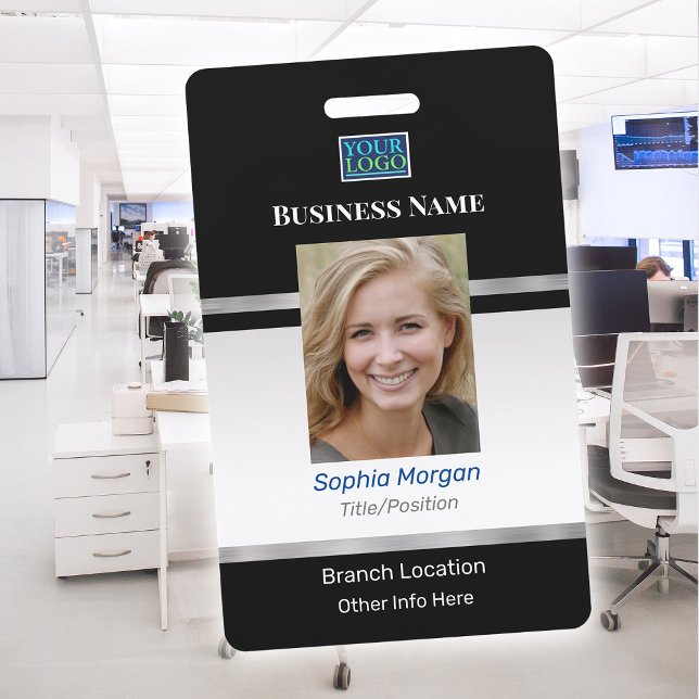 Business Photo Name Logo Info, Black & Silver ID Badge (Creator Uploaded)