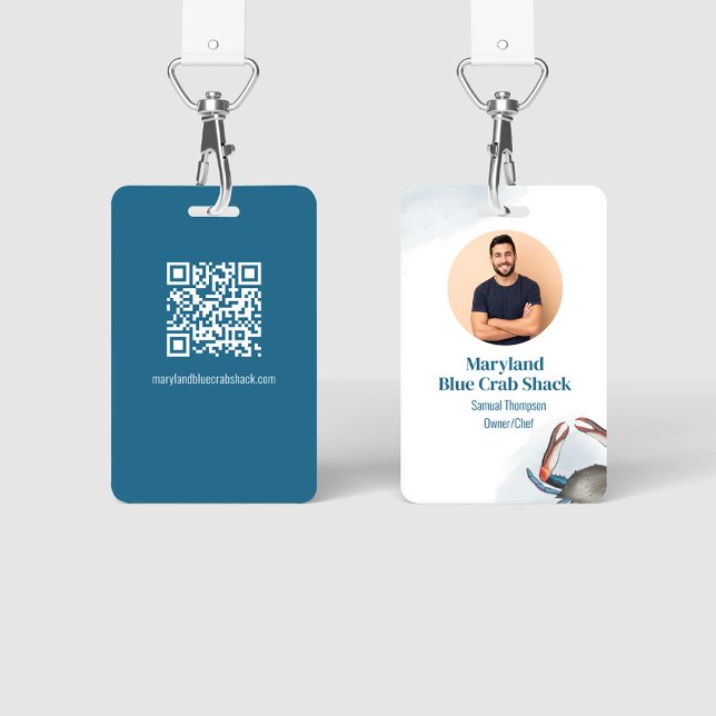 Business Photo QR Code Restaurant  ID Badge (Restaurant Seafood Blue Crab with QR Code Template.)