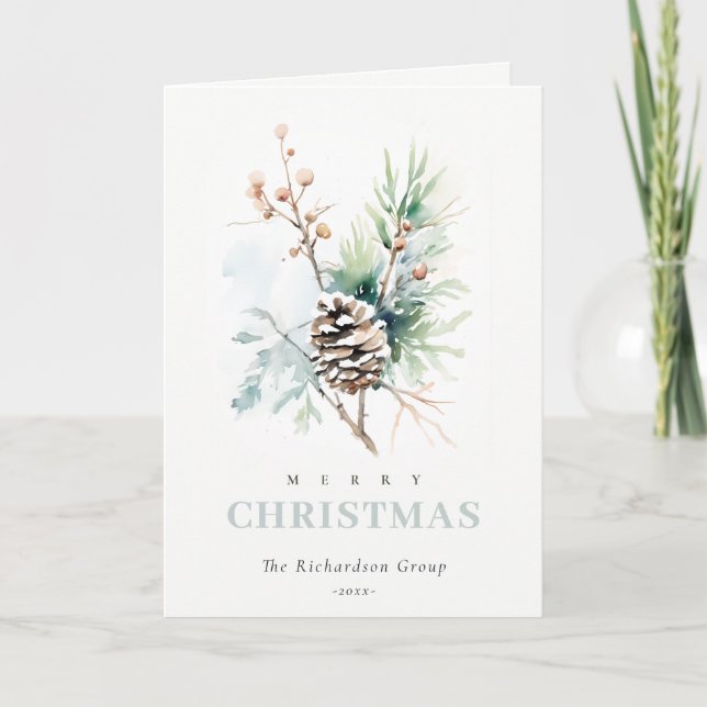 Business Pine Cone Winter Berries Corporate Logo  Holiday Card (Front)