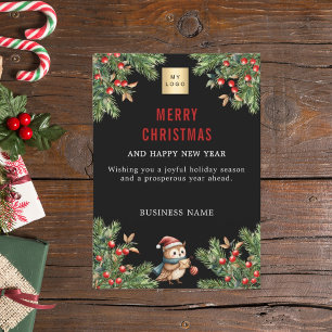 Business pine red berries owl black Christmas Holiday Card