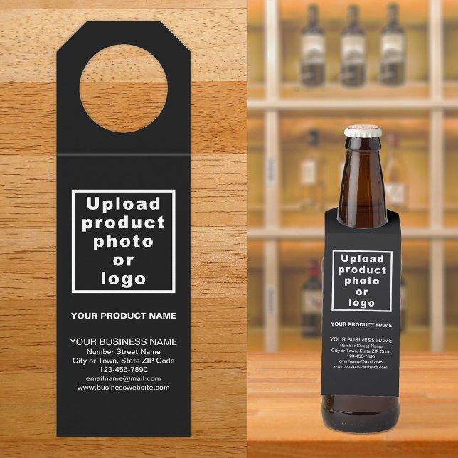 Business Product Black Bottle Hanger Tag (Black bottle hanger tag for the product of your business.)