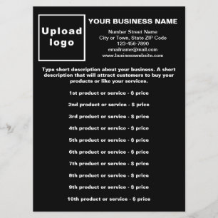 Business Products and Prices on Black Menu Card