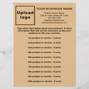 Business Products and Prices on Light Brown Menu