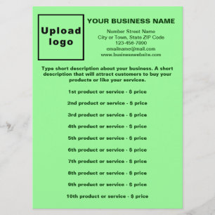 Business Products and Prices on Light Green Menu