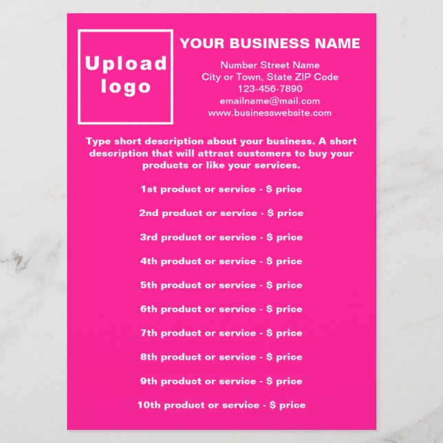 Business Products and Prices on Pink Menu Card (Front)