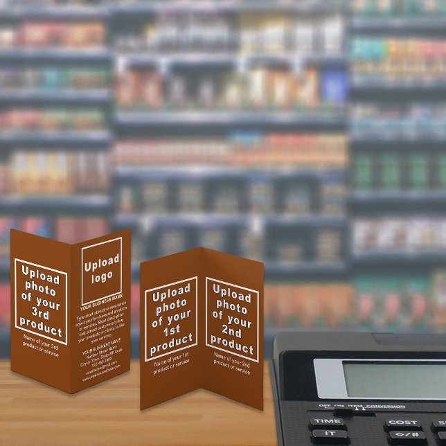 Business Products on Small Brown Folded Card (Your business brand and products or services on small brown folded card displayed in store.)