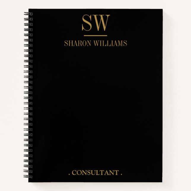 Business Professional Black Gold Monogram Initial Notebook (Front)