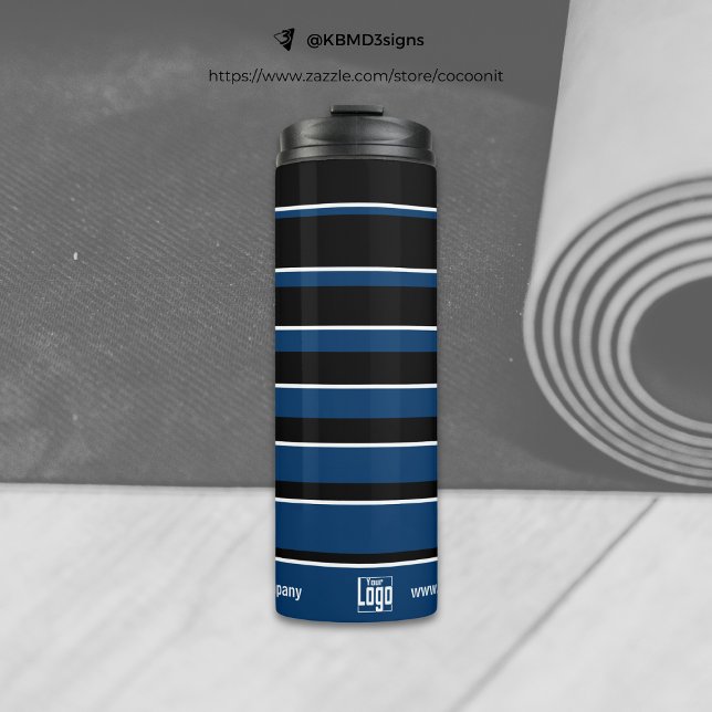 Business Promo Logo Name QR-Code WWW Blue White Thermal Tumbler (Business Promo Logo Name QR-Code WWW Blue White Thermal Tumbler, Striped)