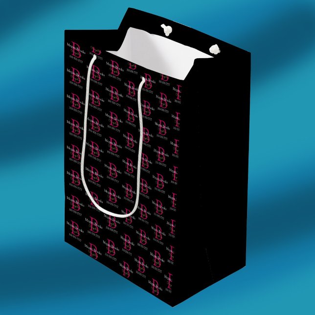 Business Promo, Name, Monogram & Title on Black Medium Gift Bag (Creator Uploaded)