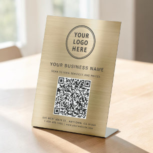 Business QR Code and Logo Metallic Gold Pedestal Sign