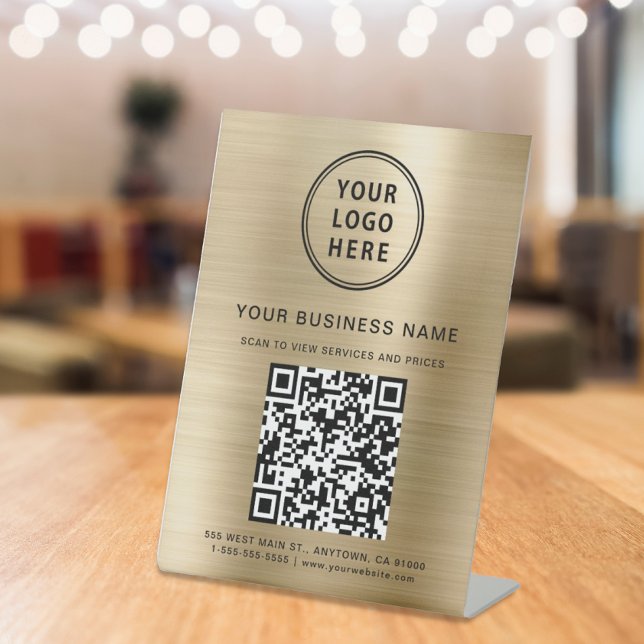 Business QR Code and Logo Metallic Gold Pedestal Sign (Connect customers and clients to your desired website destination with a single scan)