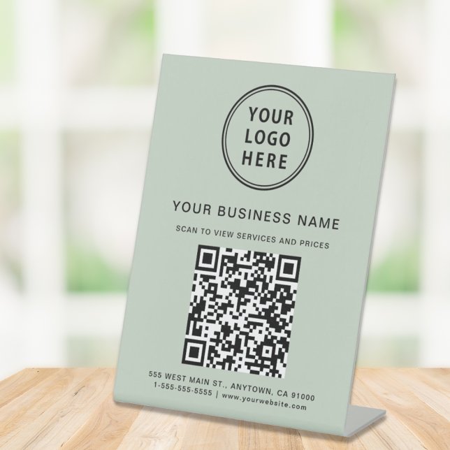 Business QR Code and Logo Sage Green Pedestal Sign (Connect customers and clients to your desired website destination with a single scan)